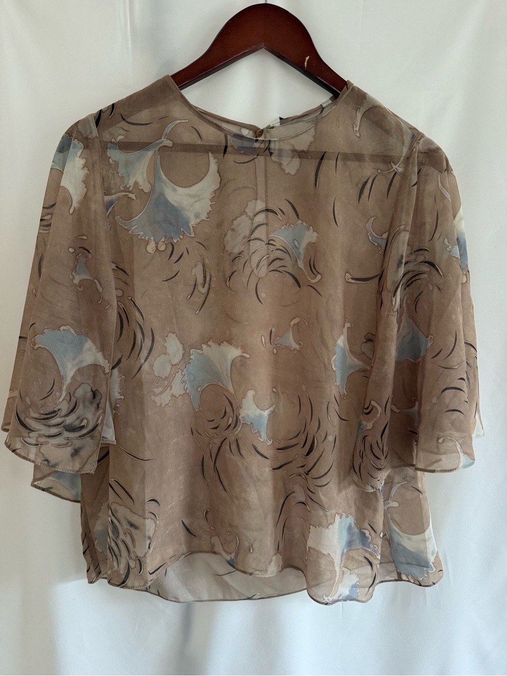 Zara Taupe Sheer Blouse with Blue Floral Accents